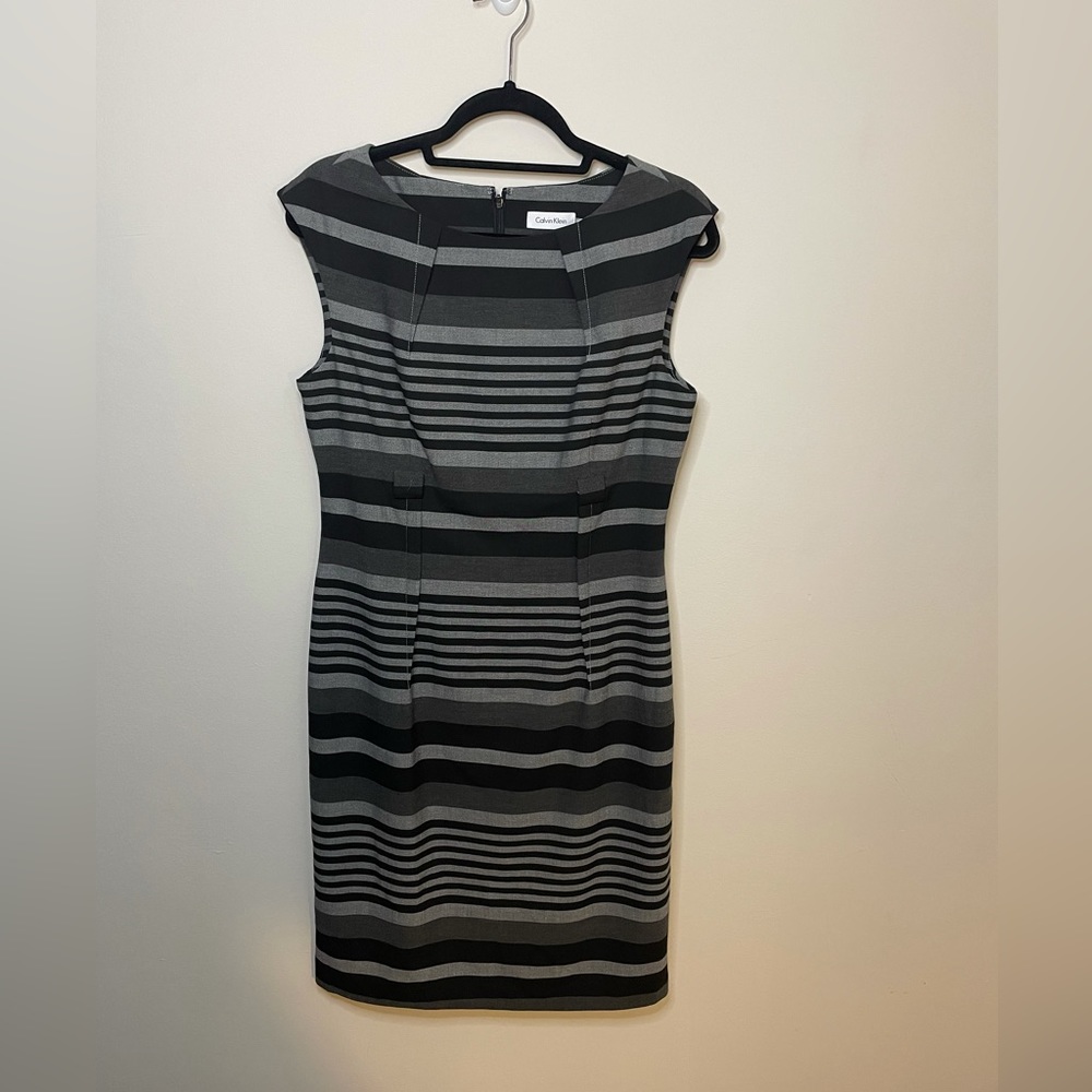 Calvin Klein Sleeveless Black & Gray Striped Pleated Sheath Modest Career Dress